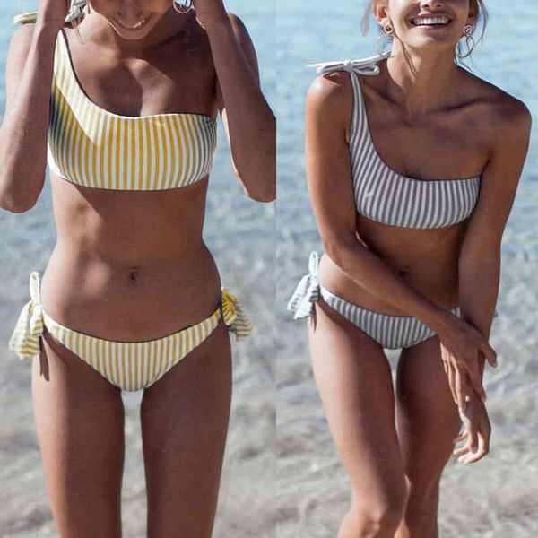 

set one shoulder bikini striped design women swimwear push up padded swimsuit bandeau bathing suit low waist girl beachwear, White;black