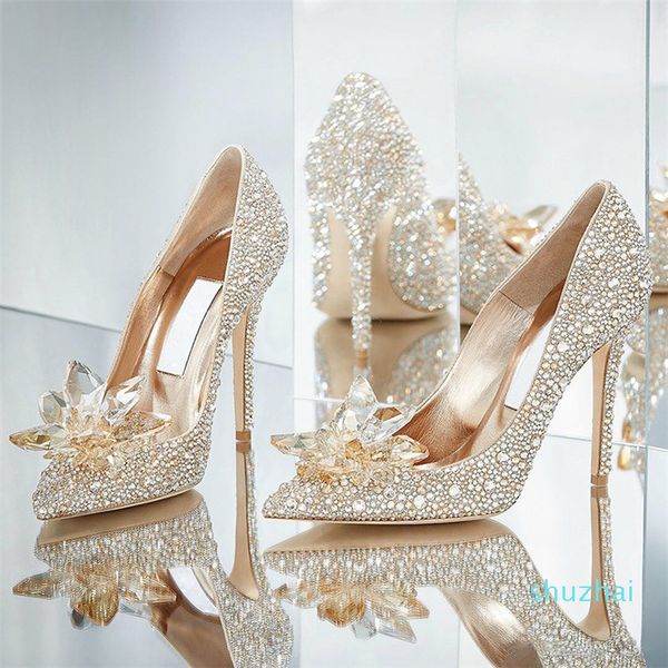 2021 Autunno Scarpe da sposa Scarpe da sposa Donne Scarpe da sposa Silver Tacchi alti Donne Fine Heel Sheel Princess Phinestone Cenerentola Crystal Shoe