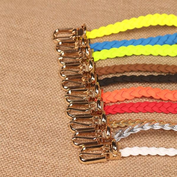 

belts women simple braided pu leather narrow thin buckle strap waist belt waistband, Black;brown