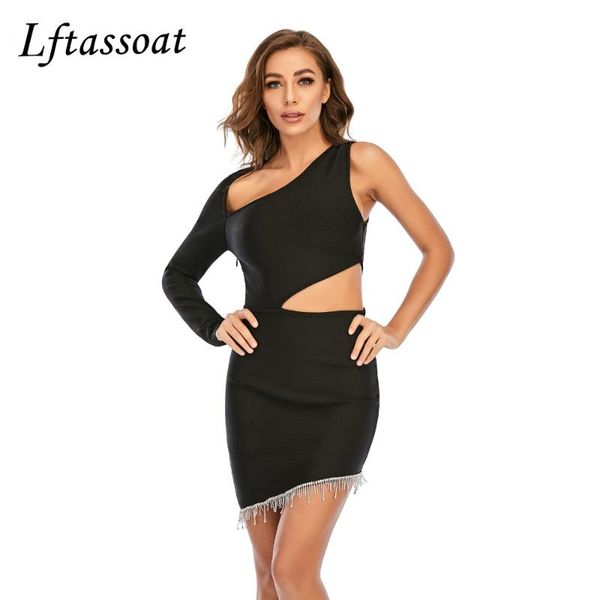 

lftassoat summer women one shoulder bodycon bandage dress celebrity evening party hollow out club vestidos casual dresses, Black;gray