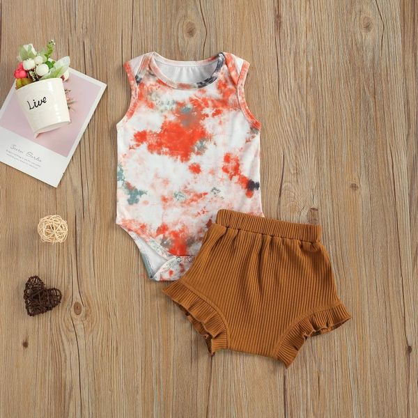 

summer 2pcs infant baby girls clothes sets tie-dye printed sleeveless romper shorts 0-24m clothing, White