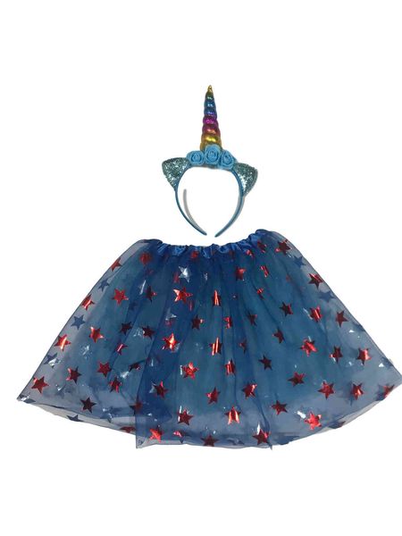 

new blue five pointed star tutu skirt children princess gauze platform performance dress with wing suit, White