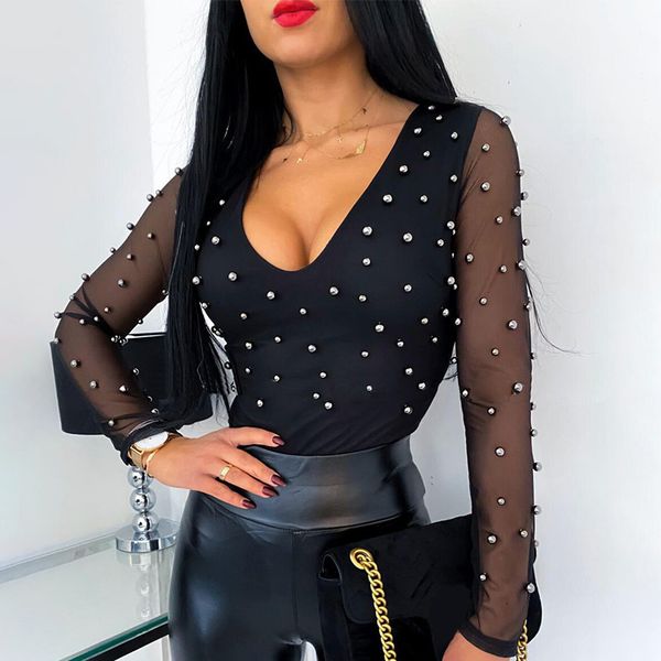 

women's blouses & shirts mesh pearl women slim outfit patchwork autumnsummer casual long sleeve shirt black v-neck fema, White