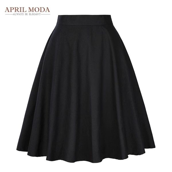 

elegant high waist pleat skirt black knee length flared retro vintage 50s rockabilly swing skirts women