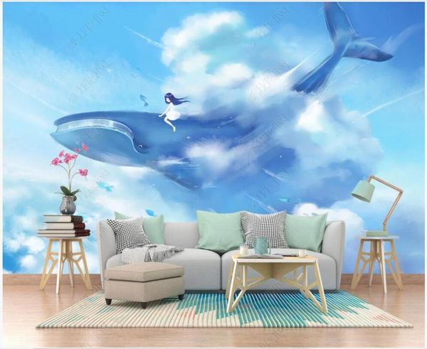 

custom mural 3d po wallpaper blue sky whale and girl children's room home decor in the living for walls 3 d wallpapers