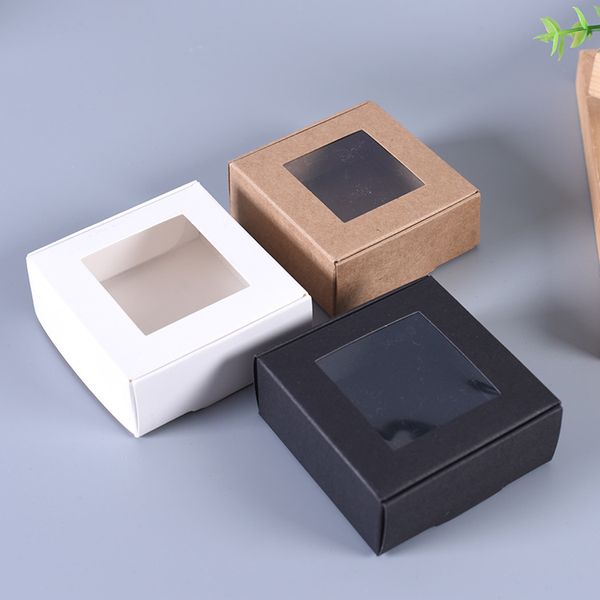 Faltbare Kraftpapier-Paketbox, Kunsthandwerk, Aufbewahrungsboxen, Schmuck, Pappkarton für DIY-Seife, Geschenkverpackung mit transparentem Fenster DH8586