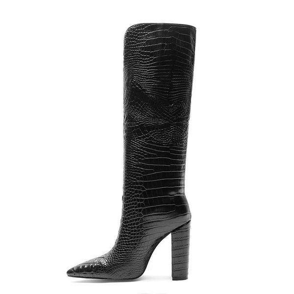 

boots women crocodile print high heel leather female knee-high pointed toe solid color plus size long, Black