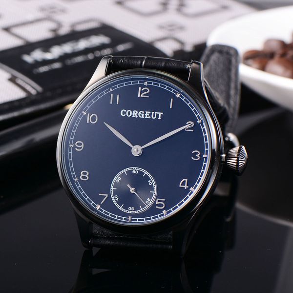 

44mm black pvd case hand winding 6498 men watches leather band see through case back sier marks, Slivery;brown