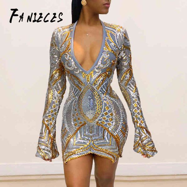 

autumn spring vestidos women bodycon sequins mesh pencil dress ladies o-neck long sleeve gold silver mini party dresses 210520, Black;gray