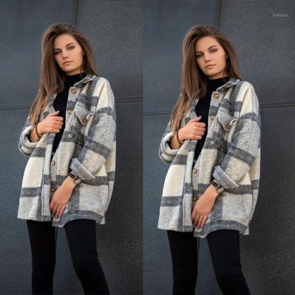 

women's wool & blends 2021 fall/winter ladies warm jacket eur us long-sleeved lapel loose check casual cardigan, Black