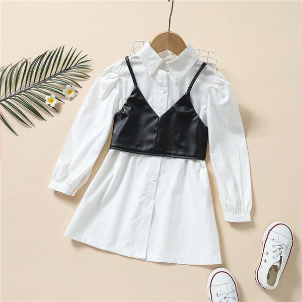 

clothing sets autumn children girls long sleeve dress + vest,girls casual fashion solid color lapel shirt with leather camisole,2-7years, White