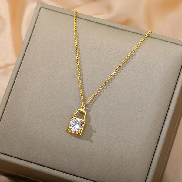 

chokers rhinestone lock choker necklace for women crystal zircon lover couple necklaces pendant colar chain korean jewelry gift, Golden;silver