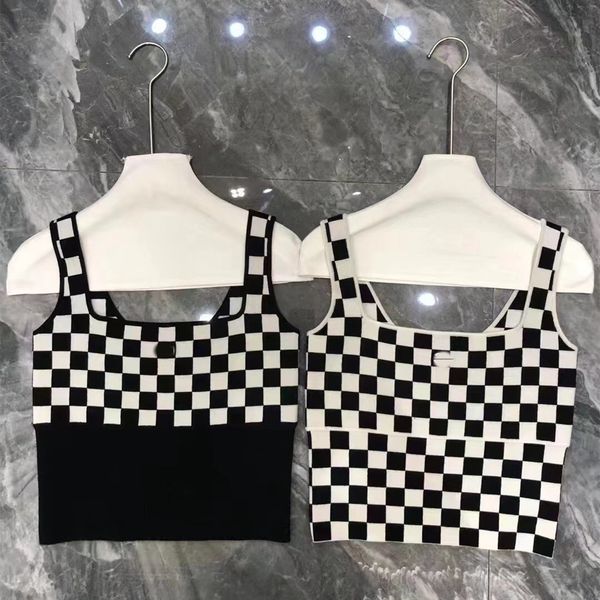 

women's vest sling black and white contrast color slim slim backless fashion checkerboard knit tights #2022