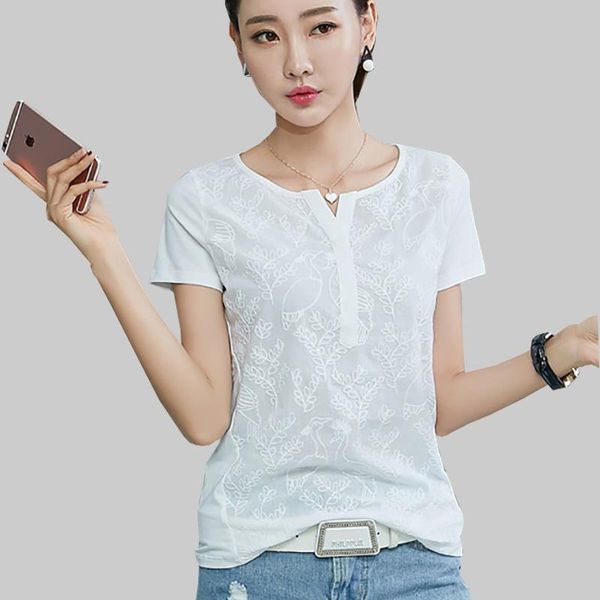 

cotton embroidery floral white summer womens t shirt korean fashion pink