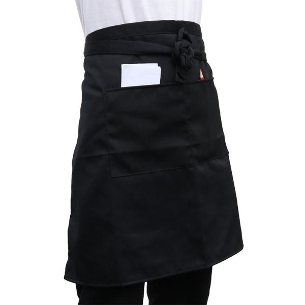 

aprons universal men kitchen cooking waist apron short waiter with double pockets (black)