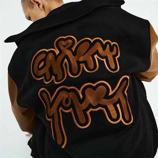 

spring and autumn puzzle embroidery loose jacket men and women stitching oversized baseball uniform fashion casual coat 211217, Black;brown