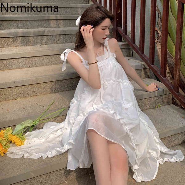 

nomikuma vintage white holiday dress women arrival summe clothes robe a line spaghetti strap dresses female vestidos mujer 210514, Black;gray