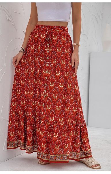 

skirts dailou 2021 summer long women floral print high waist split skirt casual bohemian female sweet holiday bottoms, Black