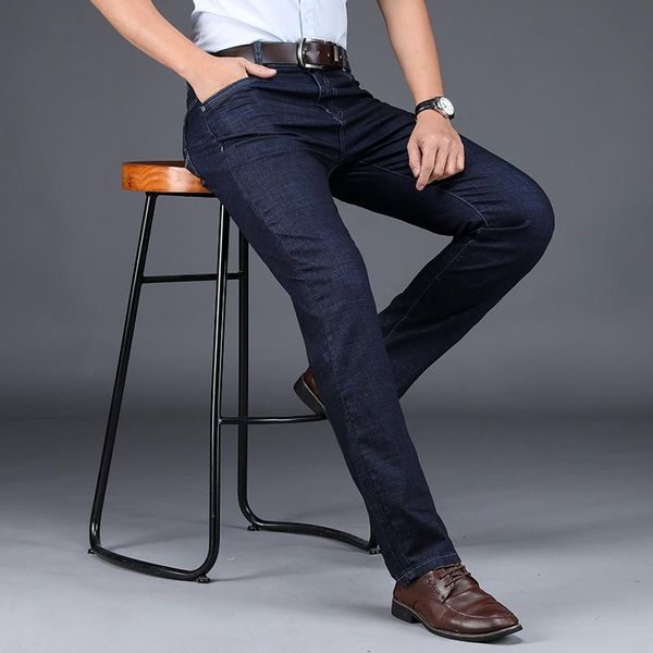 

high waist business casual men's brand stretch jeans slim fit denim pants blue trousers male plus size 38 40 42