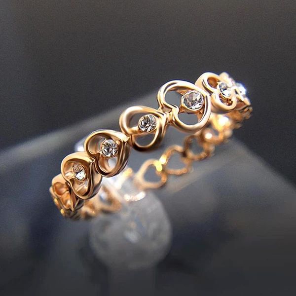 

cluster rings hollow heart love ring for women gold color inlaid zirconia crystal female alloy party jewelry accessories, Golden;silver