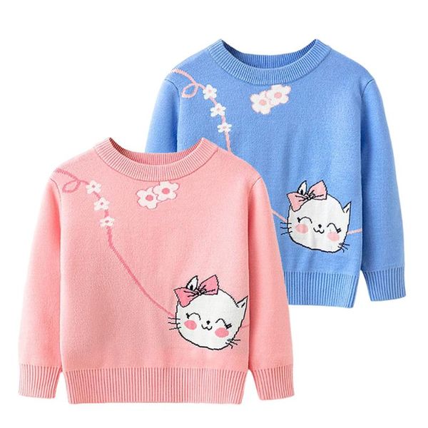 

pullover 3-7 years children sweater for girl kids winter clothing toddler cartoon cat knitted baby cute, Blue
