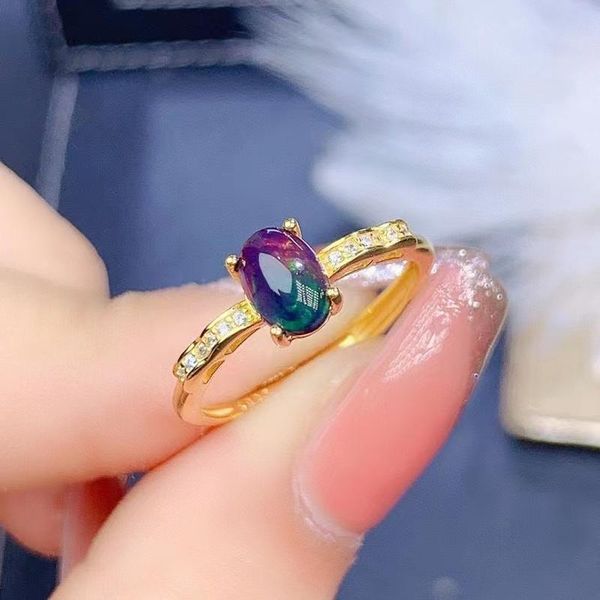 

cluster rings meibapj natural black opal gemstone fashion golden for women real 925 sterling silver charm fine wedding jewelry, Golden;silver