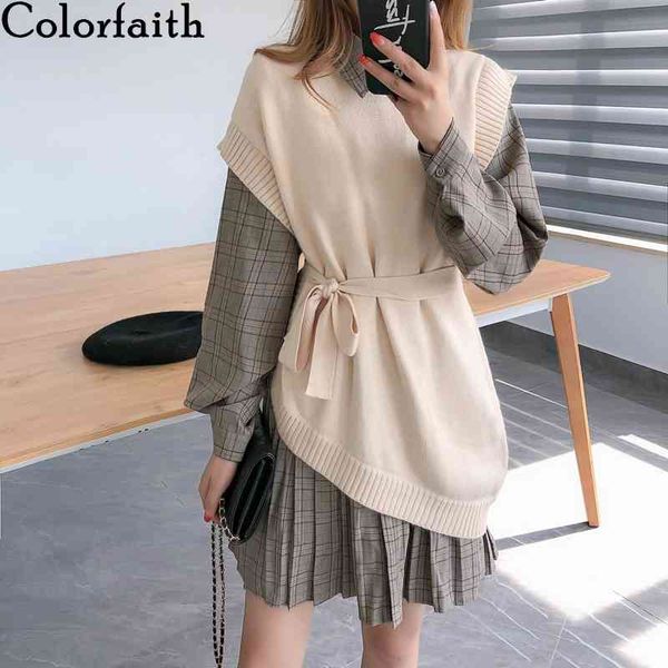 

colorfaith new autumn winter woman 2 pieces sets knitted vest plaid pleated dresses lace up elegant ladies suits ws1147jx 210413, White