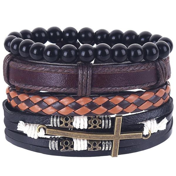 

charm bracelets 4pcs/set hippie punk black orange dark brown leather cross copper onyx beads stackable man bangles set, Golden;silver