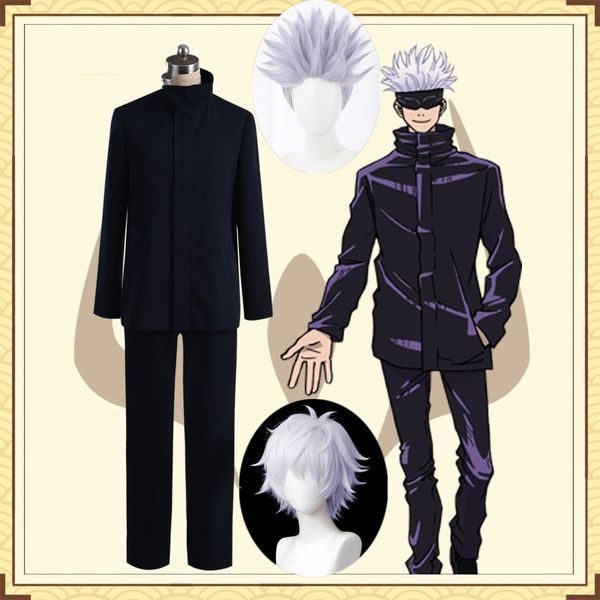 

anime costumes jujutsu kaisen costume gojo satoru cosplay school uniform halloween party outfits with white wighalloween carnival suit, Black