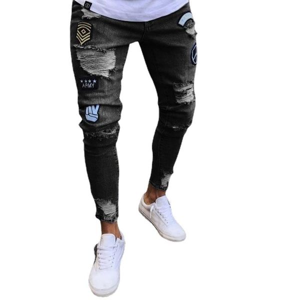 

men's jeans fashion ripped pants locomotive slim straight edging skinny clothes printed men, Blue