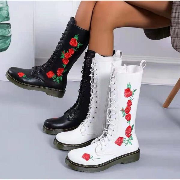 

boots ladies mid-calf winter floral embroidered leather shoes handmade flat high heels mid-tube lace-up, Black