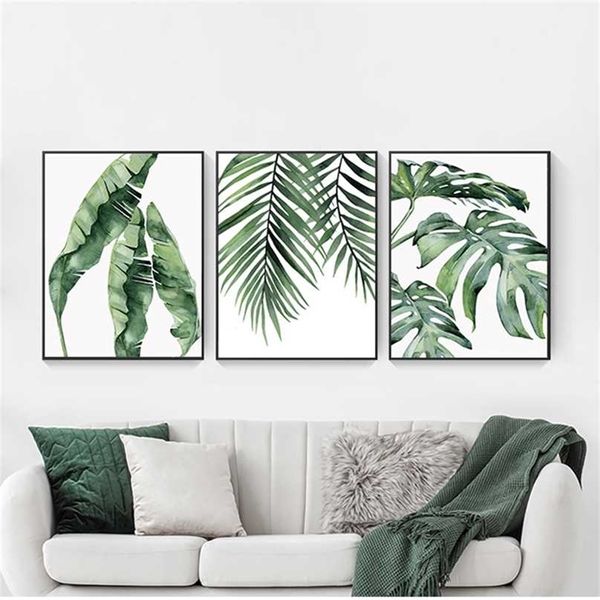 Plantas tropicais de estilo escandinavo cartaz verde folhas decorativas imagens modernas arte pinturas de arte para sala de estar decoração de casa 211222