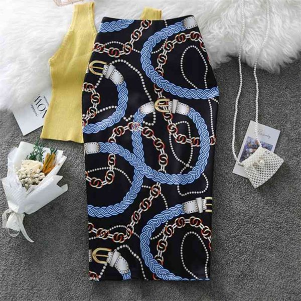 

women's pencil skirt summer graffiti new fashion chain print high waist stretch ladies slim skirts large size female falda 210412, Black