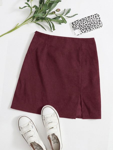 

split hem cord skirt j276#, Black