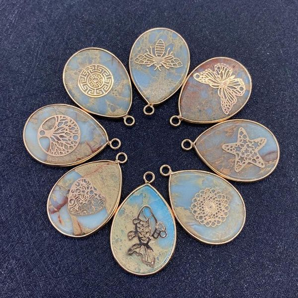 

charms teardrop shaped single hole shoushan stone pendant natural semi-precious for diy necklace jewelry making 23x35mm, Bronze;silver