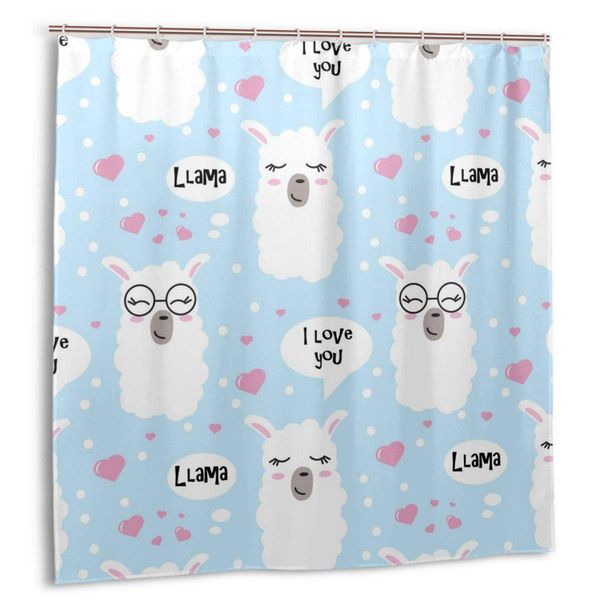 

shower curtain,seamless pattern with hearts and lama faces. cute llama head drawing bath curtain set with hooks