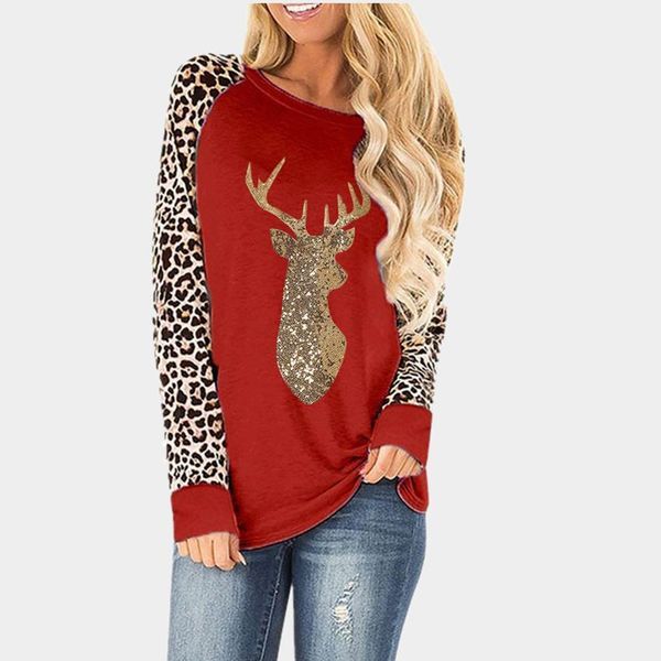 

christmas elk print tee leopard womens sleeve casual long home wear, White