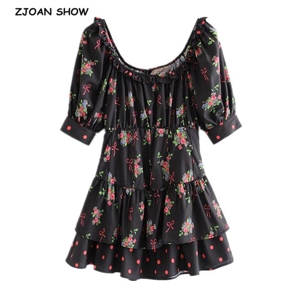 

sweet women spliced wood ears elastic collar floral print mini dress holiday puff sleeve ruffles a-line summer dresses sundress 210429, White