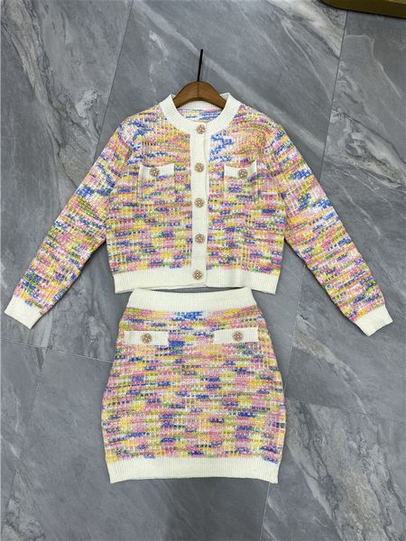 

29 2022 spring summer branmd same style two pieces sets pink white crew neck kint pullover long sleeve cardigan short skirt qian