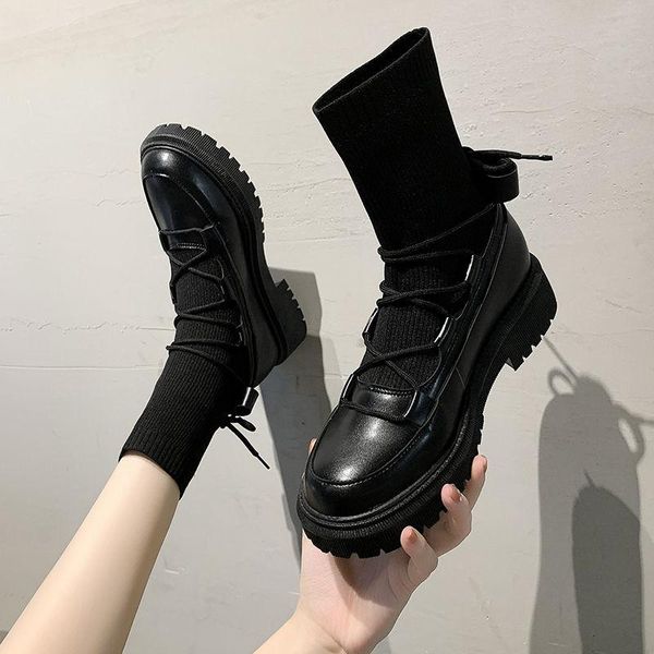 

boots woman 2021 ladies casual stretch fabric socks fashion cross-tied women shoes platform gothic, Black