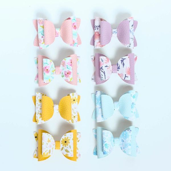 

leather mix lovely flower print bow cute side hair clips accessories girls kids children hairpins headwear barrettes, Slivery;white