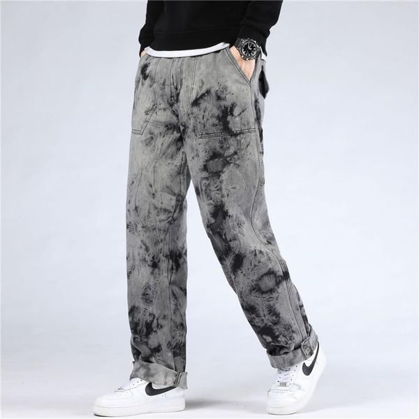 

men's jeans 46 plus size 2021 baggy chic casual denim male straight pants fashion loose trousers streetwear simple, Blue