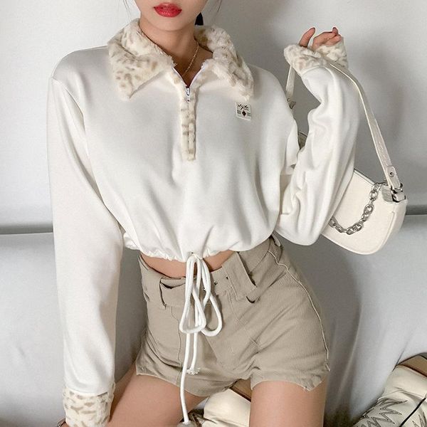 

women's t-shirt long sleeve white drawstring sweatshirt femme slim waist zipper warm pullover leopard print fleece collar crop women au