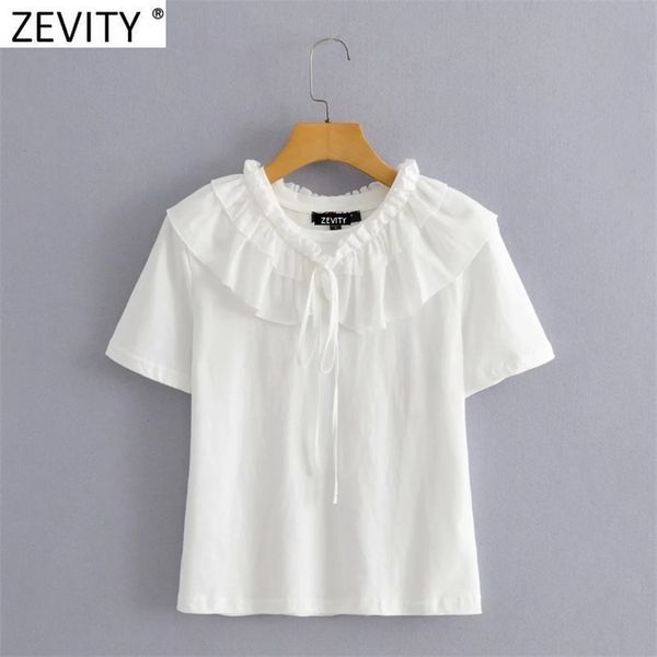 Mulheres doce cascading babados decoração casual t-shirt branco feminino chique manga curta tricô Tops T695 210420