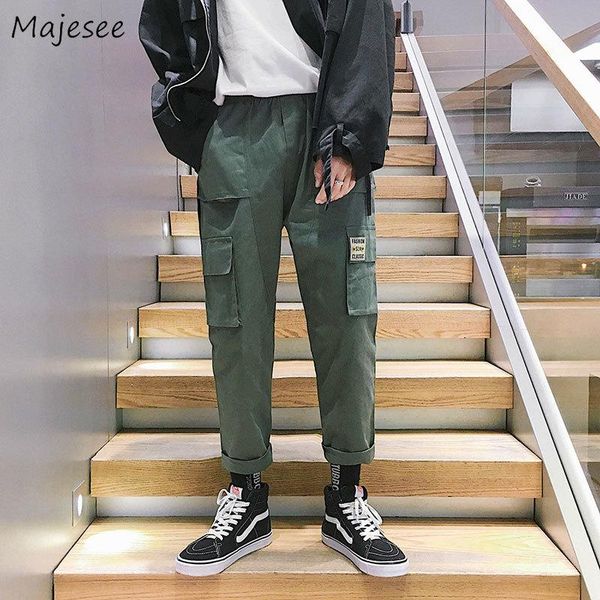 

men's pants khaki men harajuku plus size pockets ankle-length mens korean style fashion simple all match drawstring soft, Black