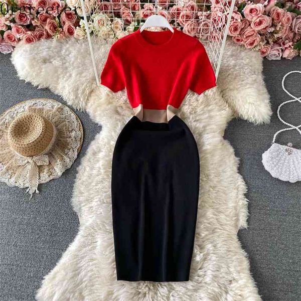 

elegant lady knitted dress summer color contrast short-sleeved fashion sweayrt women pullovers retro style 210602, White