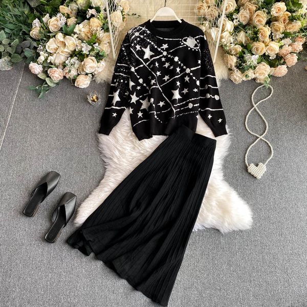

skirt 2021 fashion spring women suits star pattern loose pullover sweater + knitted suit two piece sets 3rwz, Black