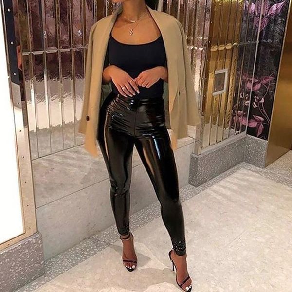 

women pu leather pants ladies high waist skinny female slim fit bodycon trousers women's & capris, Black;white