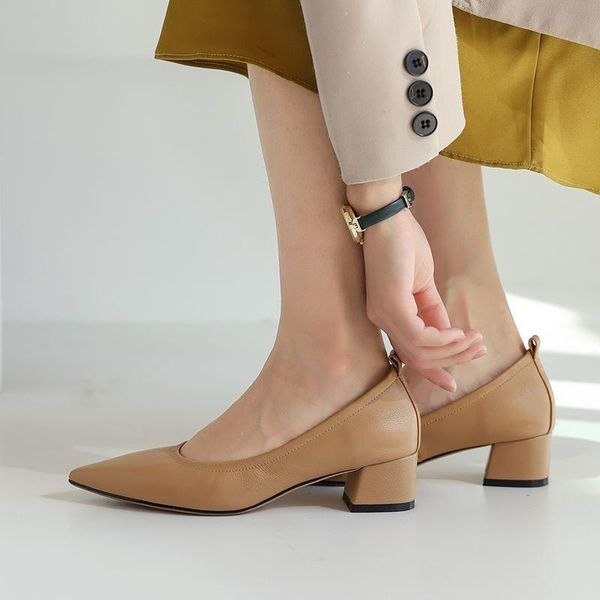 

heel height 4cm/6cm comfortable soft genuine leather women heels shoes girls high spring fashion leisure dress, Black