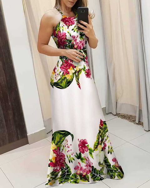 

summer women sleeveless elegant fashion party dresses vacation holiday floral print spaghetti strap maxi dress 210716, Black;gray